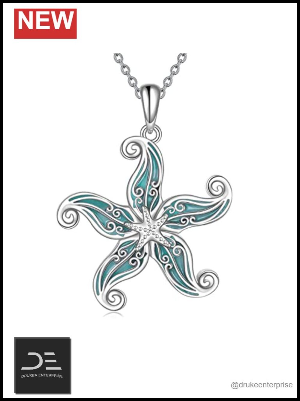 Sterling Silver Starfish Wave Ocean Beach Pendant Necklace 18 Women Gift